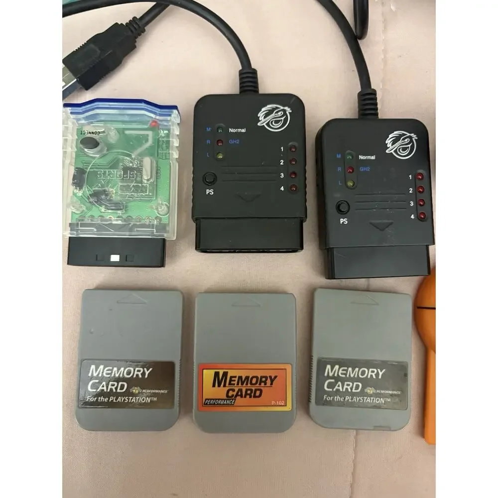 PS1 PS2 Accessory Lot TESTED Guitar Hero Pelican Dongles MC Sports Memory Cards